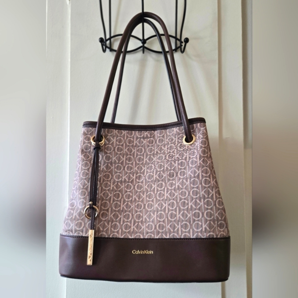 Calvin Klein Gabrianna Monogram North/South Key Item Tote Bag Brown Tan